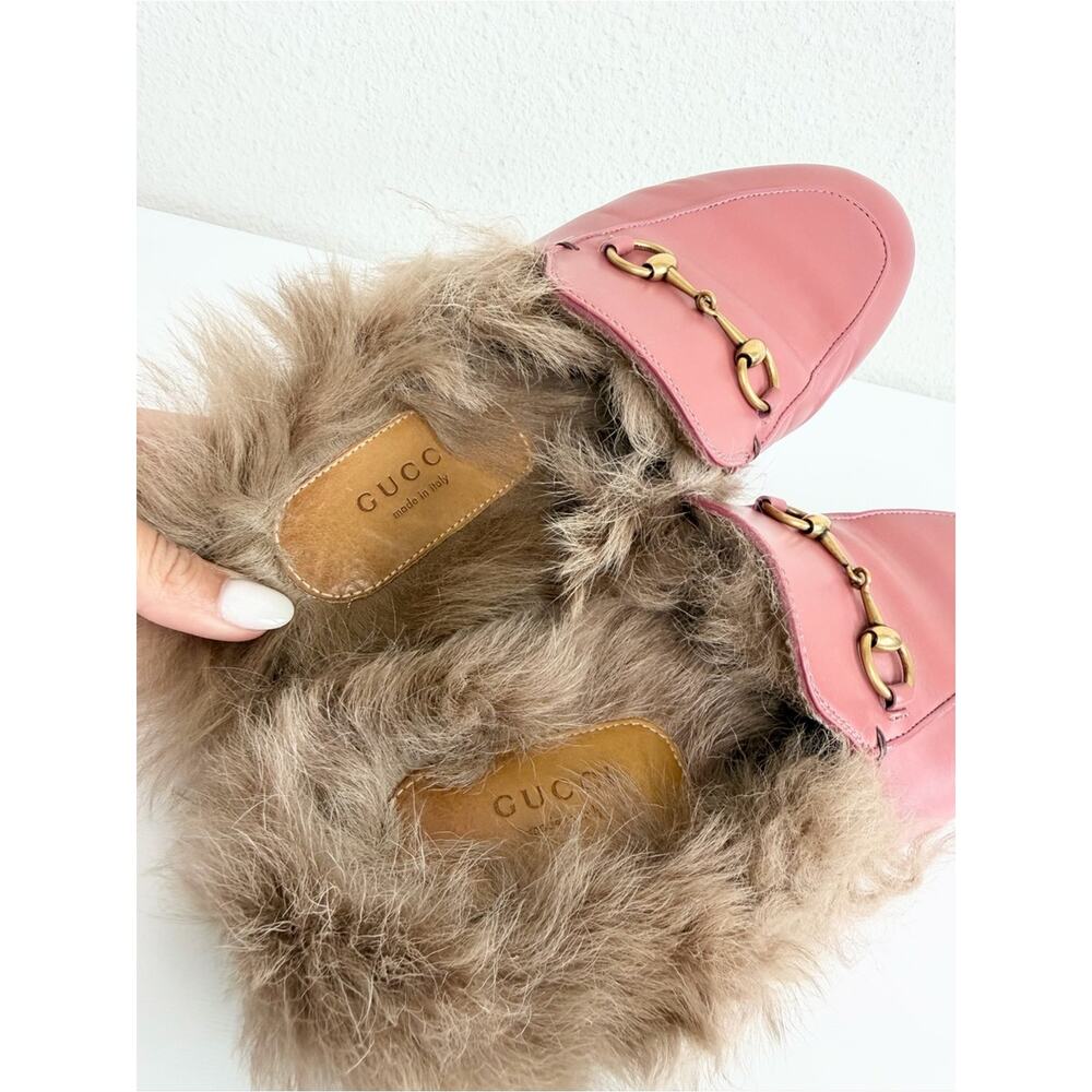 Gucci Princetown Pink Leather Fur Trim Horsebit Mules Size 37 - Picture 9 of 13